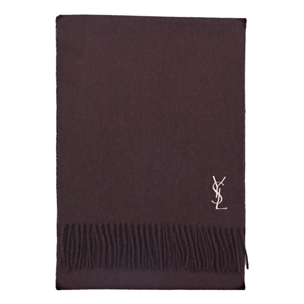 Yves Saint Laurent Wool Fringe Scarf Black YSL Logo Italy 30x164cm